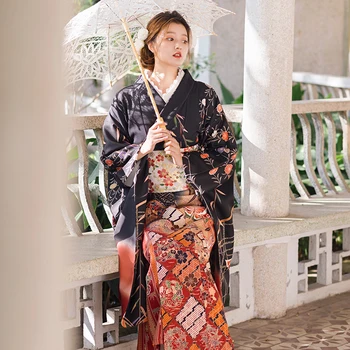 Novo Črno Tradicionalni Japonski Dolgo Kimono Ženske Original Yukata Robe Oblačenja Metulja Print Uspešnosti Gejša Cosplay Kostum