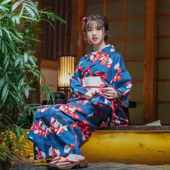 Ženske Japonski Slog Tradicionalnih Kimono Modra Barva Lep Mucek Natisne Klasičnih Yukata Fazi, ki Opravljajo Obleko Cosplay Obrabe