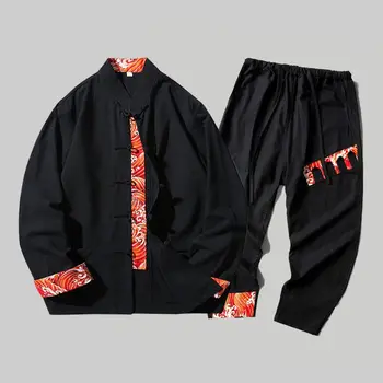 Vintage Perilo Natisnjeni Dolgo Oplaščeni Tang Obleko, Srajco, Hlače Moški 2023 Jeseni Japonski Slog Samurai Kimono Sodobni Kitajski Oblačila