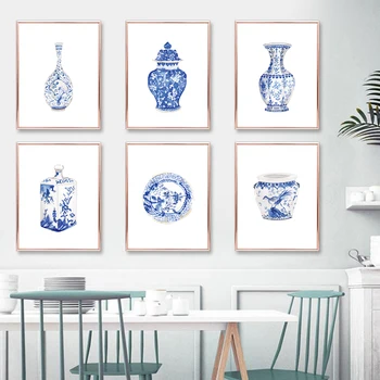 Akvarel Kitajski Slog Porcelana Modre in Bele Porcelanaste Vaze Platno Slikarstvo Orientalske Umetnosti Plakat Eleganten Dom Dekor Wall Art