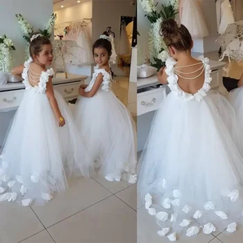 Novi Cvet Dekleta Obleko za Poroko, Stranka brez Rokavov Čipke Appliques Tla-Dolžina Odprte Nazaj Haljo Princesse Fille Blanco Vestidos