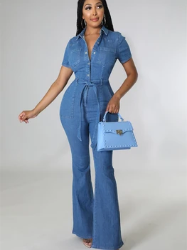Vintage Denim Jumpsuits za Ženske Poletne Obleke Kratek Rokav Gumb Gor Jean igralne obleke Playsuits Ulica En Kos Obleke Obleke