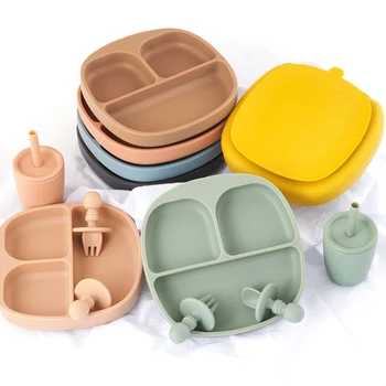BPA Free otroška Namizna Baby Hranjenje Trdno Hrano Večerjo Set Plošč za Usposabljanje Skledo Hranjenje Jedi Žlico Vilice Slame Pokal