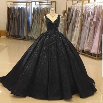2023 Novo V Bothic Črno Poročno Obleke Luksuzni Čipke Kroglice Princesa Ženske Formalno Večerne Arabski Haljo De Mariée Plus Velikost