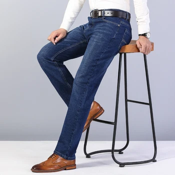 2021 Jeseni Nov Poslovni Moški Visoko Pasu Debele Jeans, Moda za Priložnostne Svoboden Stretch Traper Hlače Classic Črno Modra Slim Hlače