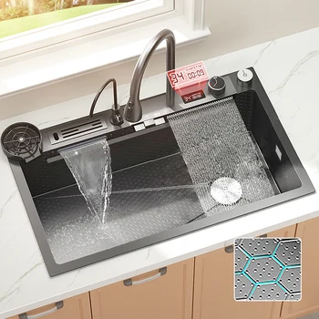 Digitalni Prikaz Slap Korito Reliefni inox pomivalno Korito Velike Eno Skledo Black Umivalnik s Kuhinjsko Pipo