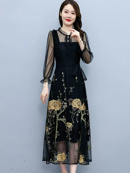 2023 Black Cvetlični Šifon Dolg Rokav Obleka Pomlad Jesen Priložnostne Midi Ženske Letnik Vezenje Eleganten Stranka, Večerne Obleke