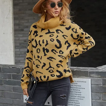 Zgostitev Leopard Pleteni Pulover Ženske, Siva Nazaj Split River Puloverju Jeseni, Pozimi Street Fashion Kaki Toplo Looe Priložnostne Skokih