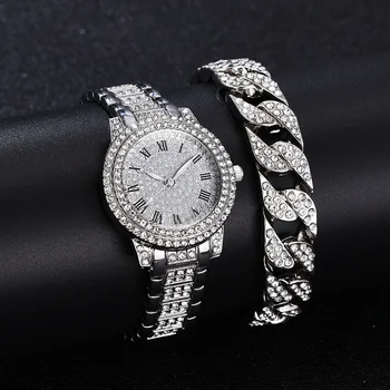 Luksuzni Ledeni Iz Watch + Zapestnica za Ženske Iver Zlato Diamond Dame Watch z Kubanski Verige Nakit Set Relojes Par Mujer Darilo