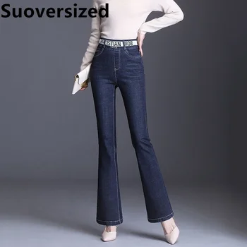 Ženske Visoko Pasu Flare Jeans Pomlad Padec Chic Vintage Priložnostne Naravnost Hlače korejski Stretch Ulične Denim Pantalones