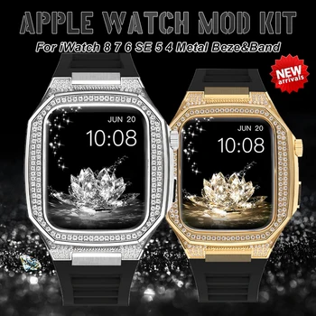 Luksuzni Diamond Mod polnilec Za Apple ura 8 7 Kovinski Okvir gumico Za iWatch Serije 44 45 mm Jeklene Plošče Watch Dodatki