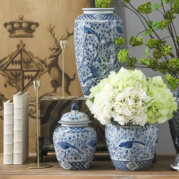Vintage Keramična Vaza Modra Bela Ptica Drevo Vaza s Pokrovom Porcelana, Lončenine Azijskih Orientalski Ingver Jar Vaze za Cvetje Tabela Vaza