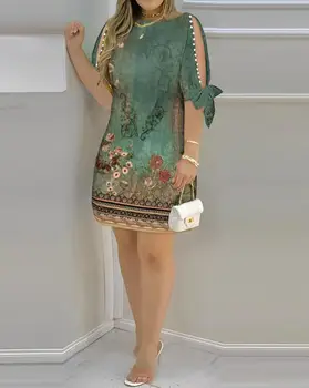 Vintage Ženske noše 2023 Novo Cvetlični Plemenskih Tiskanja Split Rokav Biseri Dekor Priložnostne Obleko Pol-Sleeved Naravnost Mini Obleka