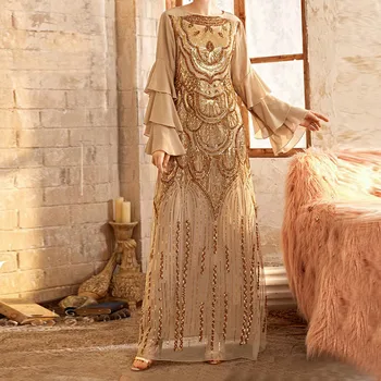 Bleščica, Vezenje Maxi Dolgo Obleko Visoke Kakovosti Luksuzni GRuffle Rokav Starih Večplastna Arabski Turčija Maroko Oman Dubaj Abaya Obleko