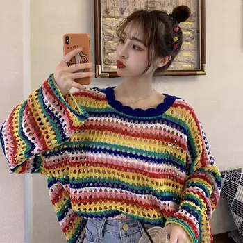 RainbowSweater Ženske Dolg Rokav O-Vratu Priložnostne Za Ženske Pletene Moda 2021 pomlad jesen korejski versionhollowLoose Puloverji