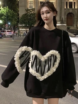Deeptown Korejski Moda Srce Očesa Čipke Mozaik Majica Ženske Harajuku Gothic Prevelik Hoodies Ženski Priložnostne Puloverju Vrhovi