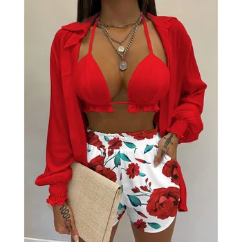 3 Kosov Bikini Komplet Ženske Prikriti Kopalke Kimono 2023 Nov Tropski Tiskanja Ženski Brazilski Obleke Plažo Plaži Kopalke