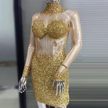 PARK Luksuzni Sije Diamanti Seksi Glej Skozi Bodycon Mini Obleka Bleščečih Ženska Rojstni dan Obleko Pevka Uspešnosti Kostum