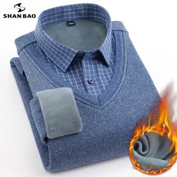 SHAN BAO 2021 jeseni in pozimi blagovne znamke runo debel toplo dolgo sleeved majica classic business casual moški visoki kakovosti majica