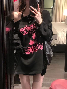 Deeptown Y2K Gothic Anime Tiskanje Majice s kratkimi rokavi Ženske Harajuku Grunge Prevelik Dolg Rokav Tees Seksi Votlih Iz Priložnostne Vrhovi Punk Kpop