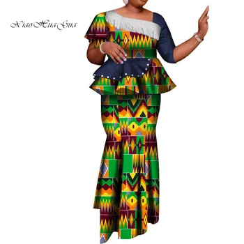 Ženske Obleka Afriške Krila Nastavite Elegantno Afriške Tiskanja Vrhovi in Krilo 2 Kosov Set Tradicionalna Afriška Oblačila Plus Velikost WY4312
