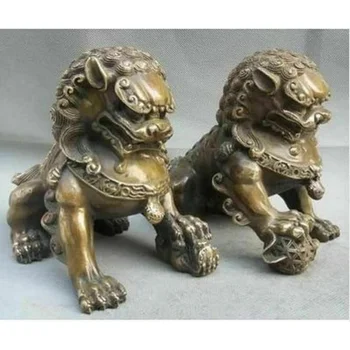 staro Antično Fengshui Lions Bronasti Kip Fu Foo Psi Lev Par ~Želijo U Bogastvo