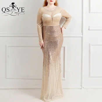 QSYYE Šampanjec Žamet Plus Velikost Večerne Obleke morska deklica Prom Obleke z Dolgimi Rokavi Stranka Formalno Obleko Fit Zajemalka Ženske Obleke 2022