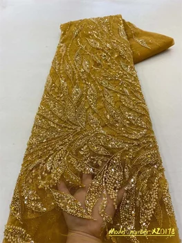 2023 Luxury Gold Afriških Biserov Sequins Čipke Tkanina Ročno Izdelan Poročni Beaded Nigerijski Francoski Til Čipke Material Za Poročno Obleko