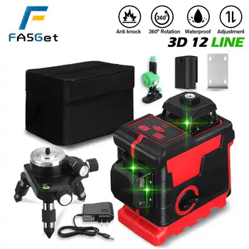 FASGet 3D 12 Linije Laser Ravni Self-Izravnavanje Brezžični Daljinski 360 Vodoravno Navpično Križ Linij Z Baterijo Stenski Nosilec Laser