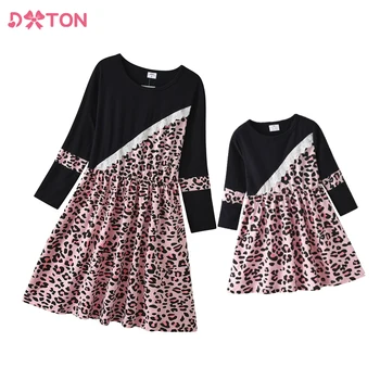 DXTON Družino Ujemanje Bombaž Obleke Pomlad, Mati in Otroci Obleko Ženske Leopard Tiskanja Otroci Dolg Rokav Priložnostne Družino Ujemanje