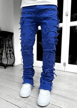 High Street Stretch Obliž Jeans Za Moške moška Oblačila Modni Sredi Pasu Mozaik Hip-hop Ustvarjalne Nove Jeans Dolge Hlače Moški