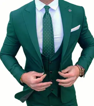 Jopičem Poročno Obleko Za Moške Zeleno 3 Kos Stranka Nositi Večerja Slim Fit Hlače, Plašč