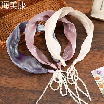 Haimeikang Svetleč Saten Trak Barva Hairband Pearl Tassel Scrunchie Eleganten Lase Hoop Modni Dodatki Za Lase Pokrivala