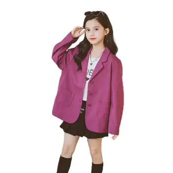 Pomlad Jesen Otroci Dekliška Jakna Moda korejski Dolg Rokav Vijolično Obleko Jopiči za Dekleta Najstnik Gumb Jopič Jopico Kostum