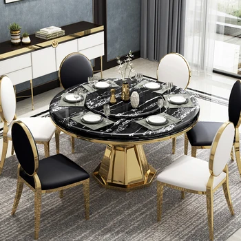 Enostavno in modno nerjaveče jeklo jedilno mizo in stol kombinacija, okrogla miza, marmorja tabela, majhne enote
