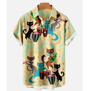 Poletne Moške Srajce Risanke Mačka 3d Tiskanja Vroče Prodaje Vrhovi Za Moške Ulica Kul Oblačila Svoboden Prevelik-Shirt Hawaiian Športna Majica