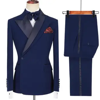 Lep Dizajn Mornarsko Modra Moške Obleke Dvojno Zapenjanje Poroko Slim Fit Ženina Tuxedos 2 Kosa Prom Stranka Obleke Suknjič Hlače Z