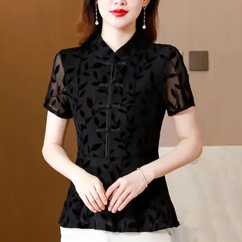 Cheongsam Plus Velikost Womens Tang Kostum Vrhovi 2023 Poletje Moda Rajon Jacquardske Preplete Votlih Črni Kitajski Slog Qipao Majice