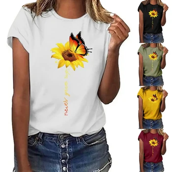 Modna Ženska T-Majica 3D Sončnično Metulja Print Tees Vrhovi Novo Harajuku Kratek Rokav T Shirt Prevelik Loose Ženska Oblačila