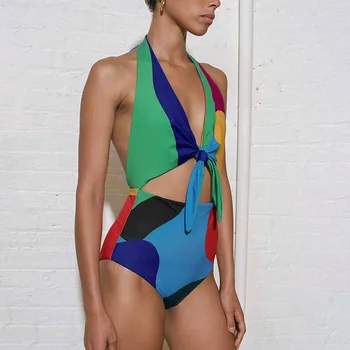 Moda Colorblock Tiskanja Odprite Nazaj Enodelne Kopalke Za Vroče Seksi Backless Bikini Komplet Luknjičastih Iz Povodcem Vratu Plažo 2023