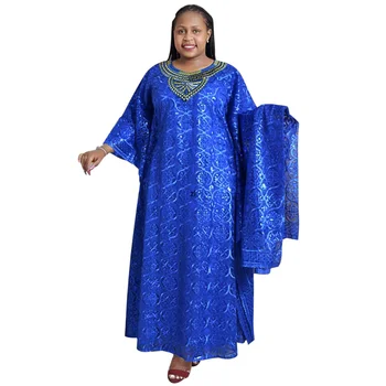 Dashiki Afriške Obleke za Ženske Pomlad Poletje Afriške Ženske, Modro Rumena O-vratu Dolgo Obleko Notranji in Headtie Afriška Oblačila