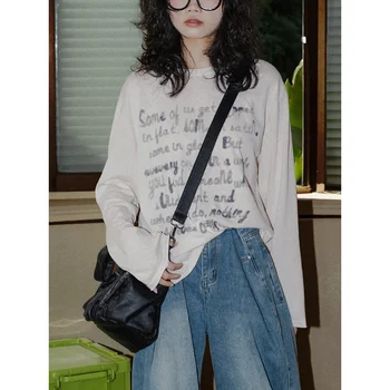 Deeptown korejskem Slogu Oversize Bež barve majice Ženske Letnik Ulične Letter Long Sleeve Zgornji del Ženske Grunge Stiski Tshirts