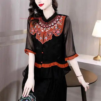 2023 ženske hanfu bluzo nacionalni cvet vezenje mozaik etničnih bluzo tradicionalni orientalski tang šifon obleko rokav bluzo