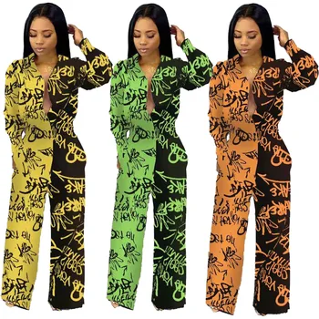 2019 Nova Afriška Oblačila Jeseni Dame Plašč Africaine Jumpsuit Hlače Dashiki Moda Grafiti, Tiskanje Afriške Obleke za Ženske