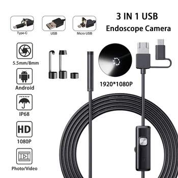 3IN1 Industrijske Endoskop Fotoaparat IP68 Vodotesen HD1080P Pregled Borescope 8LED Nastavljiv Za Android Pametni Telefon, PC, USB, C