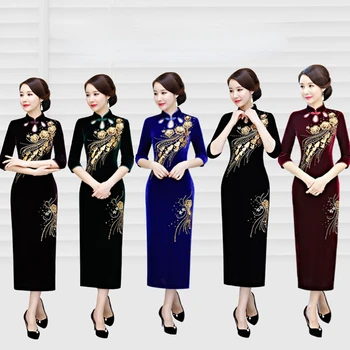 Qipao ChineseTraditional Obleka Ženske Cheongsam Sodobno Ročno Beaded Dolgo Retro Cheongsam za Mati od Nevesto Obleko