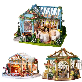 DIY Rose vrt Montaža Pohištva lutka hiša Komplet led luči z led 3d lesene Miniaturne hiše doma okraski za Božična darila
