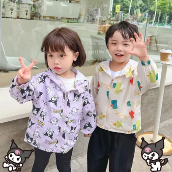 Sanrios Kuromi Risanka, Dekleta, Otroci cvjetnim tiskanja Jopiči kawaii Anime Hooded Zadrgo Vrhnja oblačila Fant Windbreaker Suknjič 2-14Y