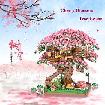 Sakura Cvet Treehouse DIY Model Mikro Gradnik Zaprtih Okraski, Ustvarjalna Street View Opeke Češnjev Cvet Otrok Igrača Darilo