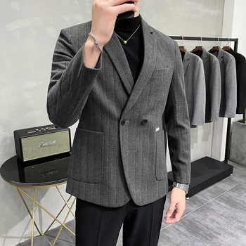 Britanski Stil Debelo Dvojno Zapenjanje Prugasta Jopič Jopiči Moških Oblačil Preprosto Slim Fit Priložnostne Obleko Coats Poslovnih Formalnih S-3XL